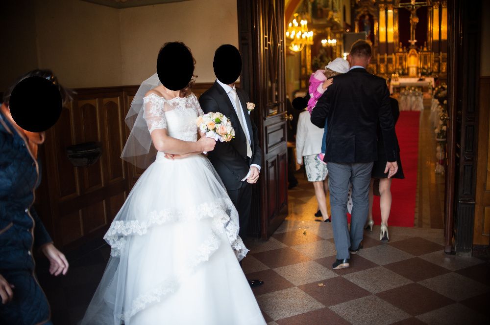 suknia ślubna papilio kolor śmietanka + bolerko z francuskiej koronki