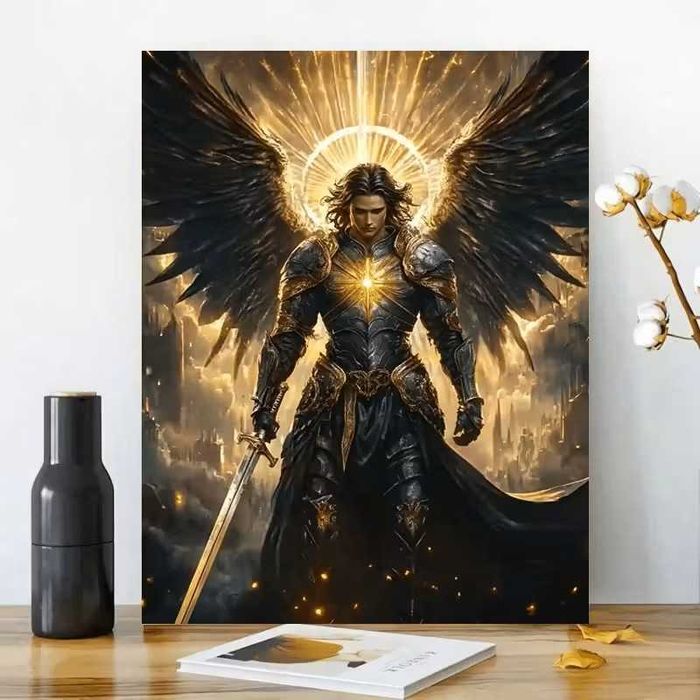 Archangel Michael Canvas Wall Art z złotym halo i mieczem -