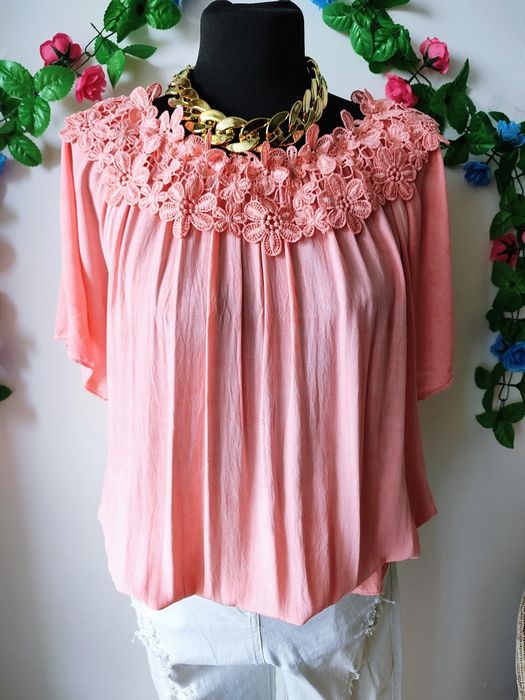 Bluzka boho koronkowa różowa oversize kwiaty romantyczna lekka