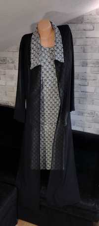 ciepła długa czarno biała sukienka XL zimowa melanż z narzutką