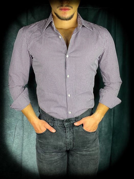 Hugo Boss Nowa Męska Burgundowa Koszula w Białe Kratę / S