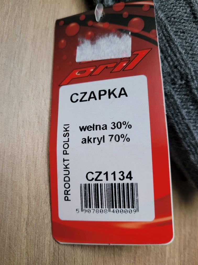 Czapka wełna/akryl polskiej produkcji Pril w szarym kolorze, nowa.