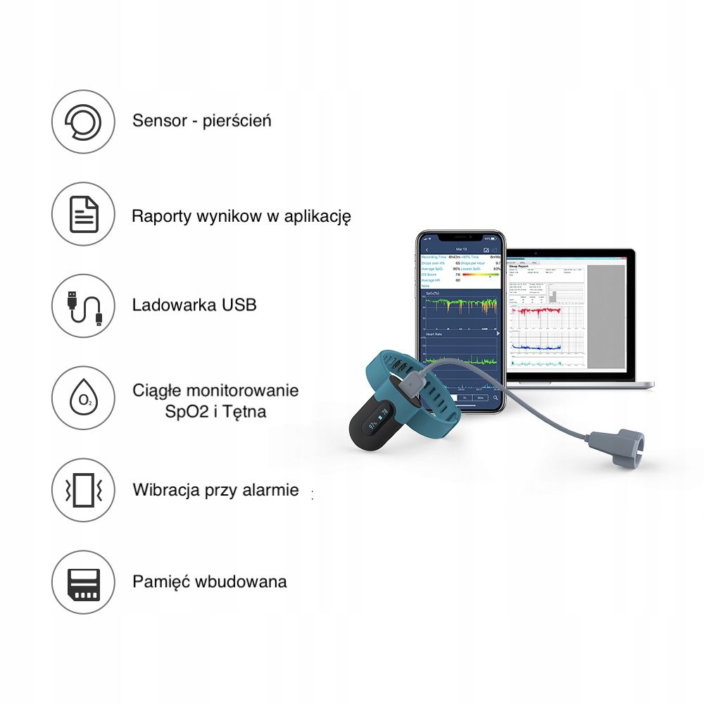 Monitor oddechu pulsoksymetr na bezdech. Wibracja, Bluetooth, APP