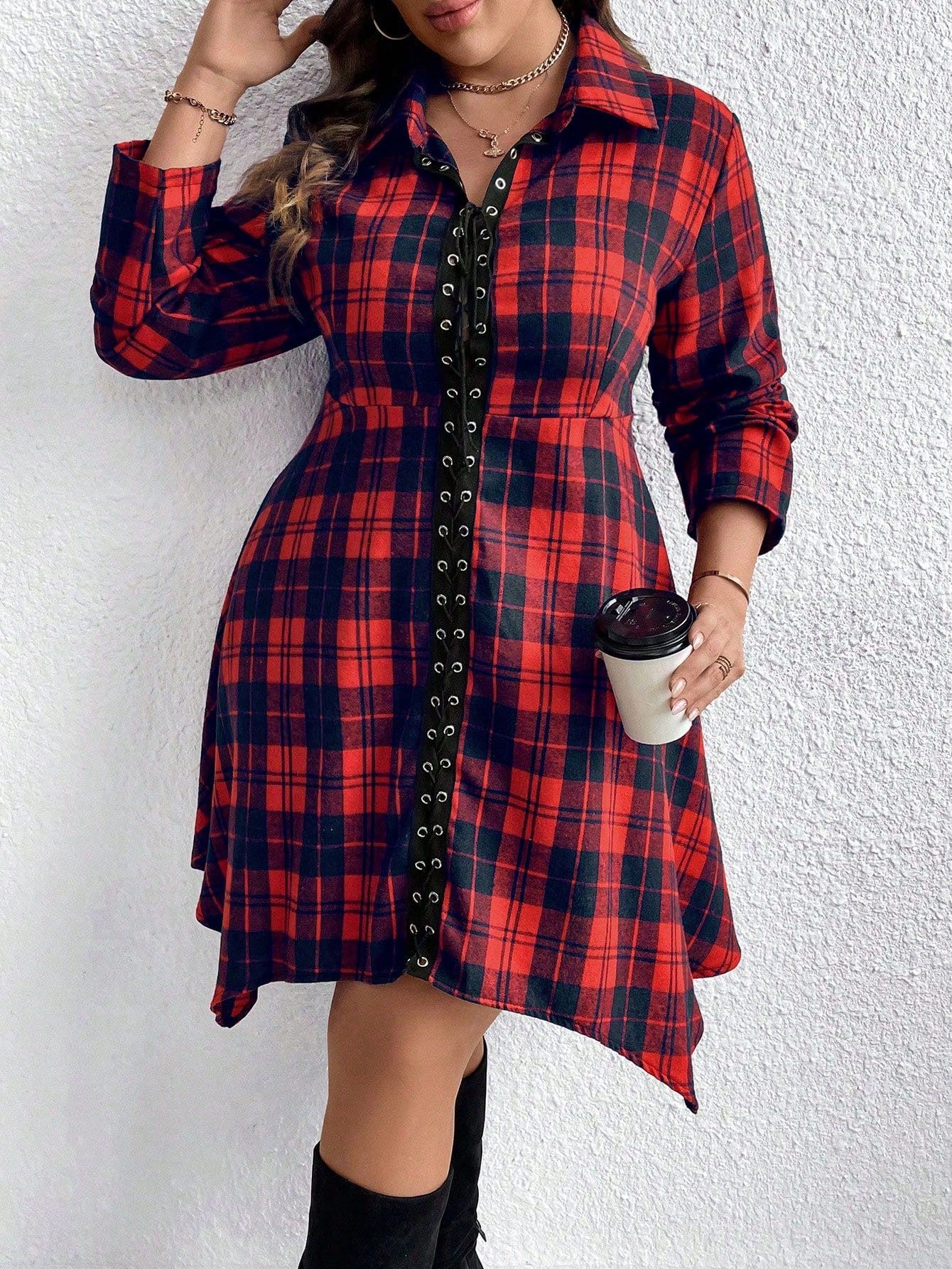 Sukienka Flanelowa Koszulowa Midi W Kratkę Sznurowana Casual Shein 3Xl