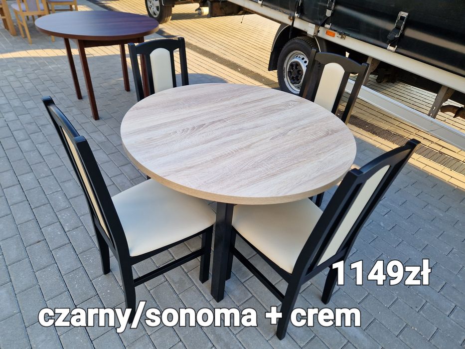 Nowe: Stół okrągły + 4 krzesła, czarny/sonoma + crem , transPL