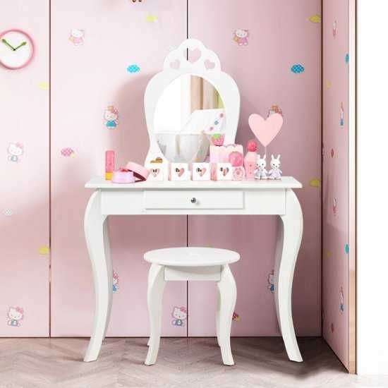 Costway Toaletka biurko dziecięce z lustrem i taboretem białe