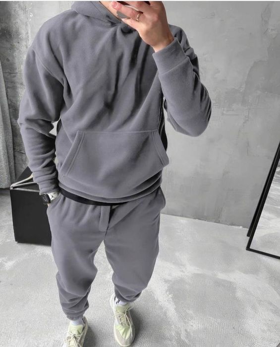 Якісний флісовий чоловічий костюм з капюшоном  двосторонній фліс-пол