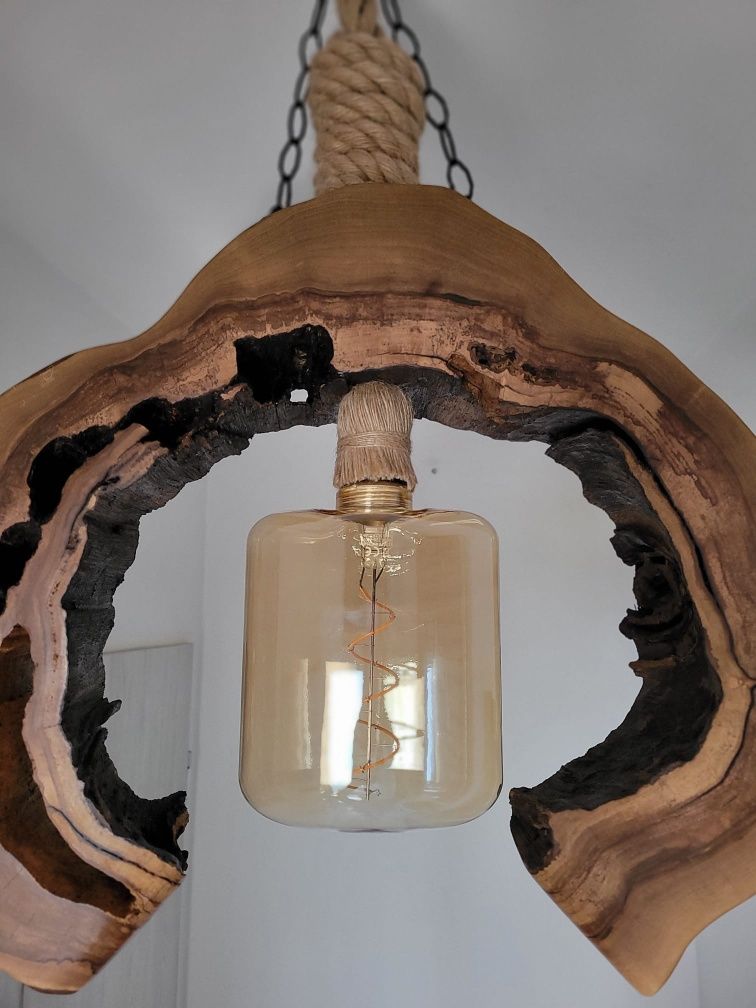 Lampa wisząca orzech włoski handmade Loft sznur jutowy