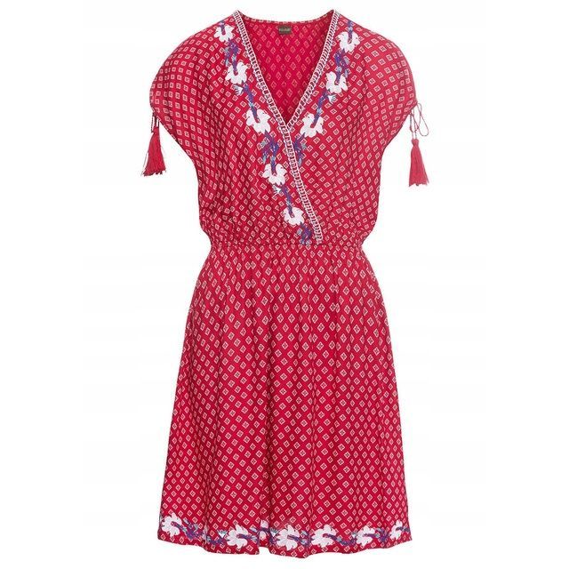 bonprix czerwona letnia sukienka damska mini boho cold shoulders 50