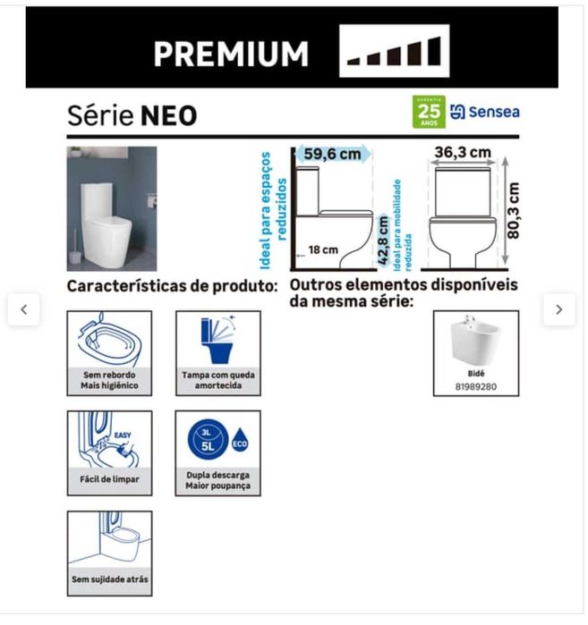 Vaso sanitário SENSEA NEO Leroy Merlin, novo, sem uso, branco.
