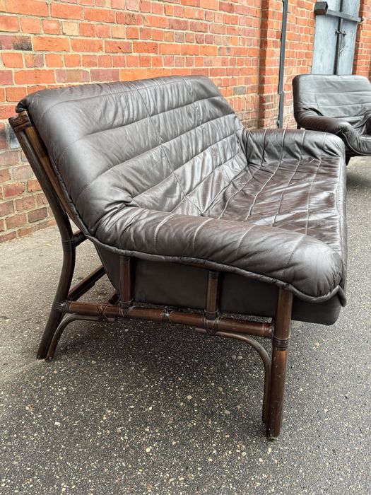 Brutalistyczna skórzana sofa z fotelem,rattanowy stelaż,lata70.vintage