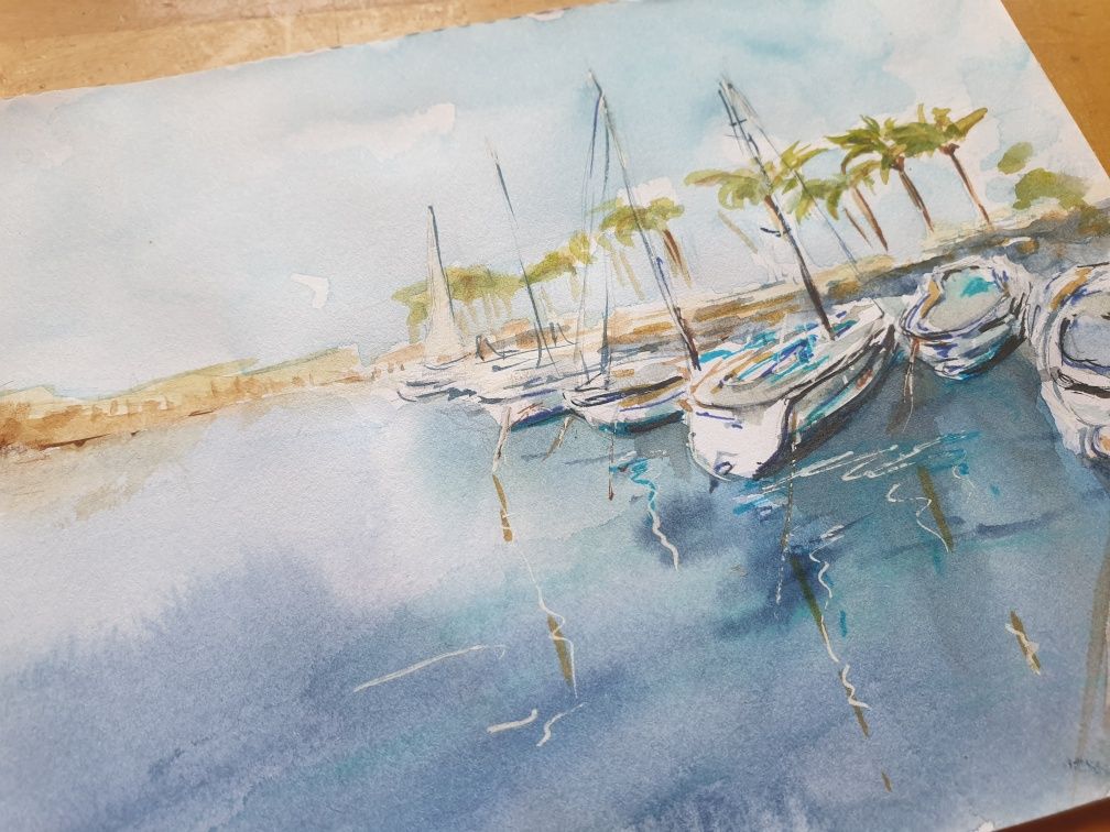Obraz ręcznie malowany akwarela "Hiszpania" port pejzaż jacht