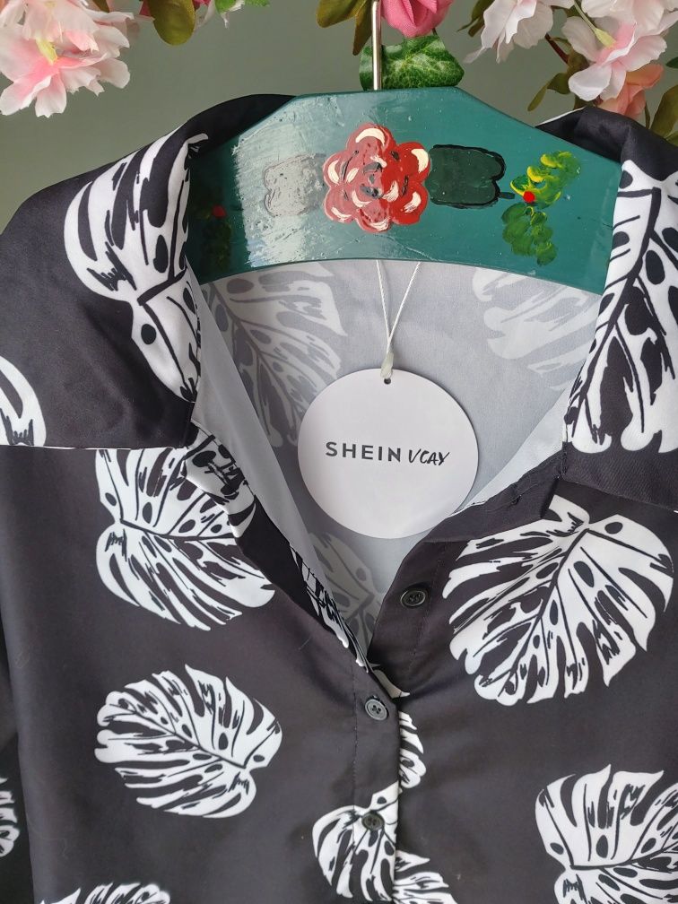 Nowy komplet damski 2 częściowy koszula spodenki Shein M/L motyw liści