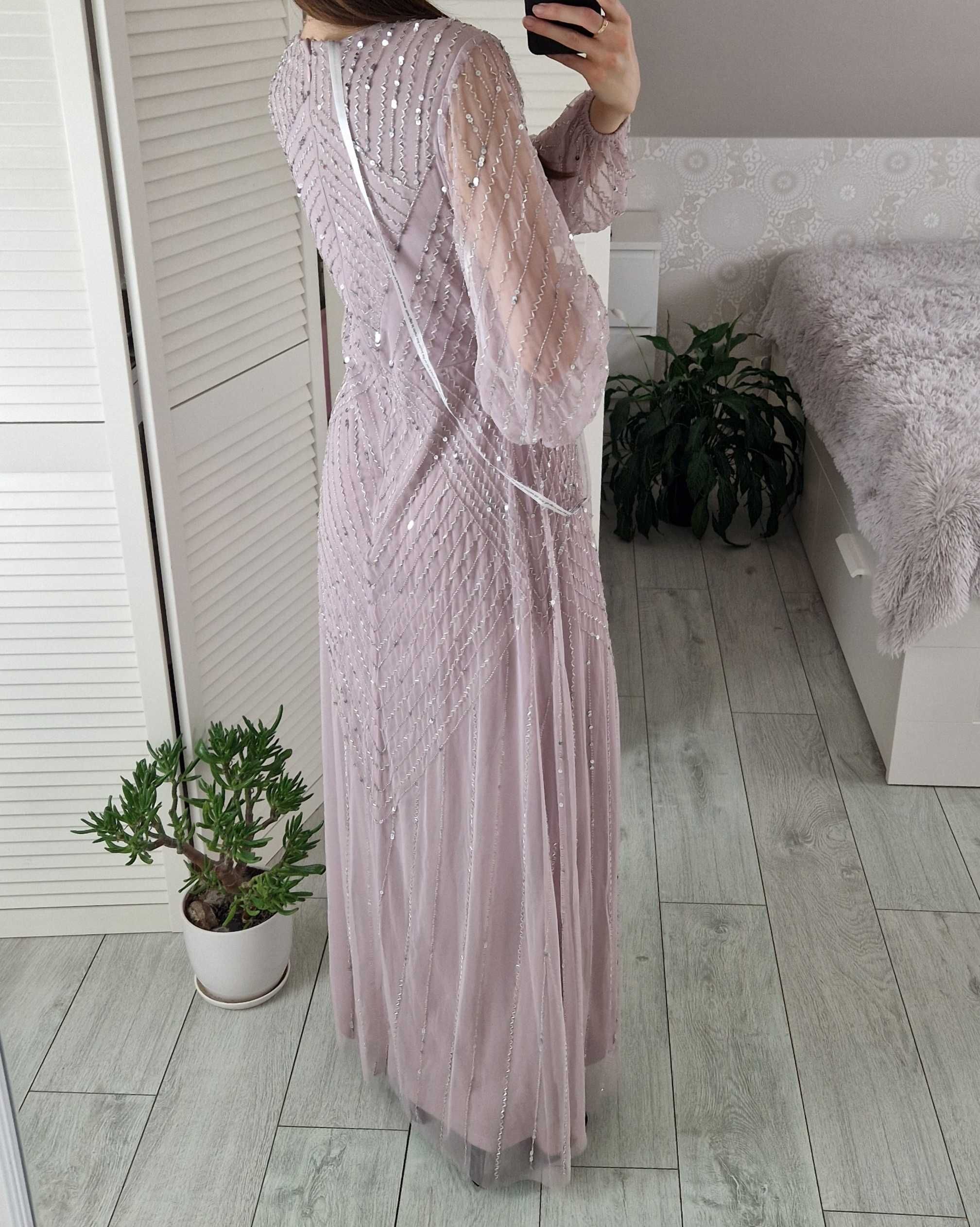 Frock&frill sukienka pudrowa maxi zdobiona tiulowa z długim rękawem S