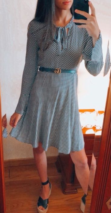 Vestido de Manga Comprida às Bolinhas Preto e Branco - Zara