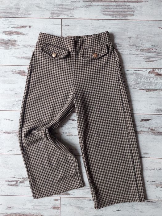 Zara, spodnie kuloty 3/4 z szerokimi nogawkami, w drobną kratkę,r. 116