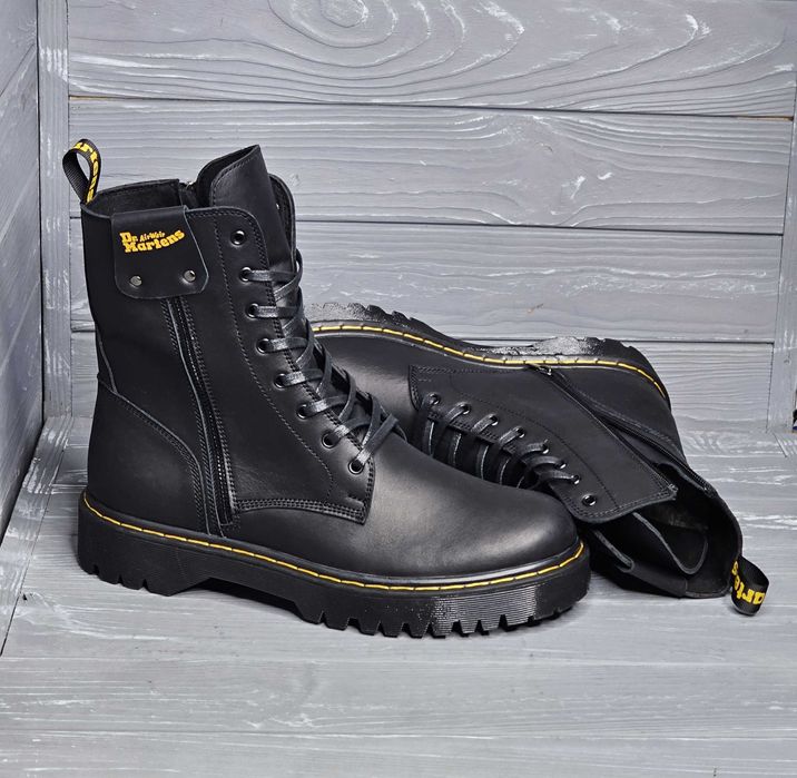 Зимние кожаные мужские черные высокие ботинки Martens Мартинс змейка