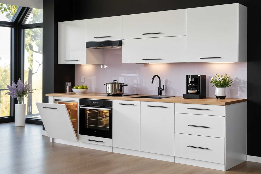 meble kuchenne 260 kuchnia kaszmir 2,6m biały szary połysk szałwia