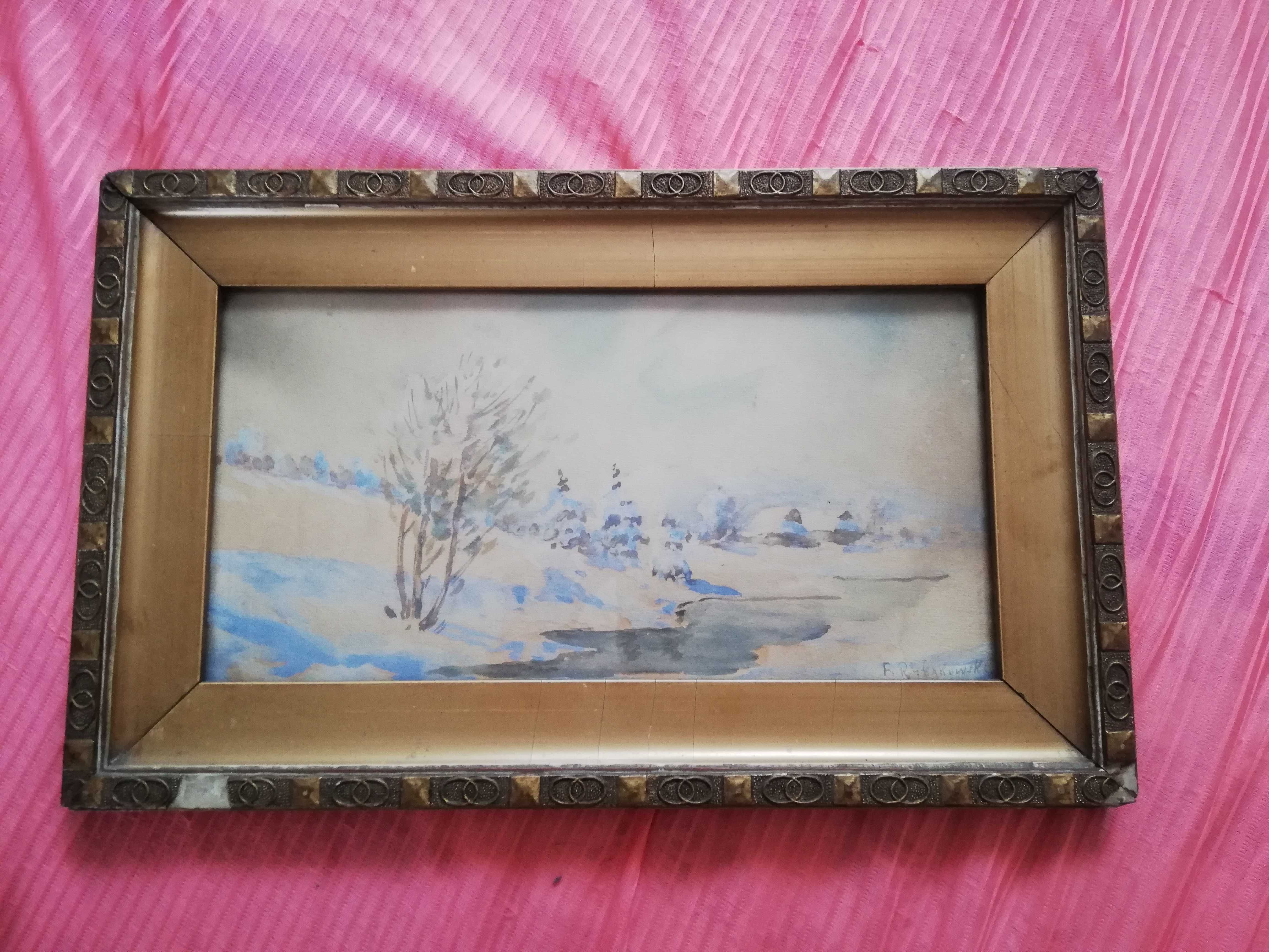 Feliks Rybakowski zimowy pejzaż z rzaką oryginalny obraz sygnowany
