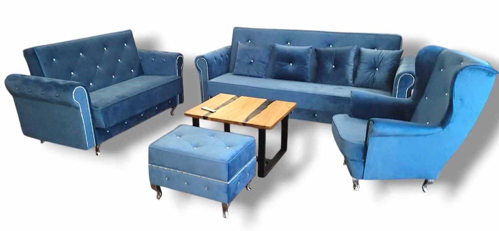 Sofa rozkładana Komplet Dwu i Trzy osob. Fotel Uszak podnóżek Glamour