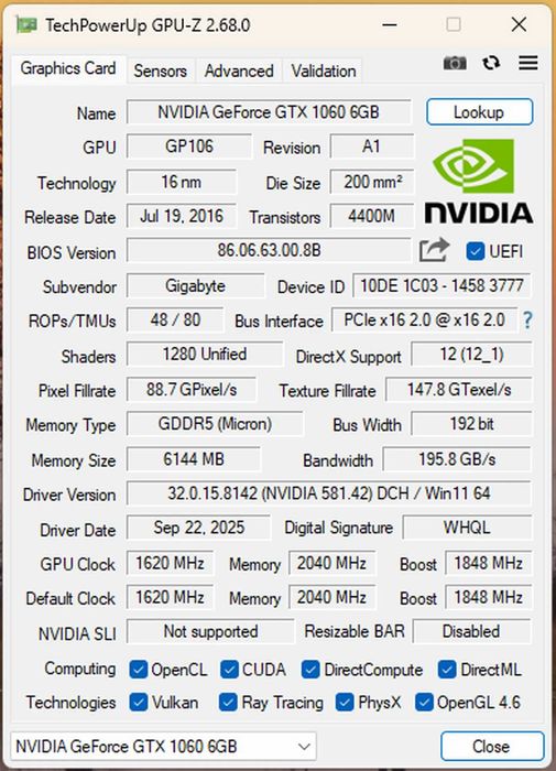 Gigabyte AORUS GTX 1060 6GB
