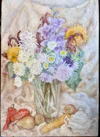 Stary obraz olejny pastelowe kwiaty martwa natura, duży.