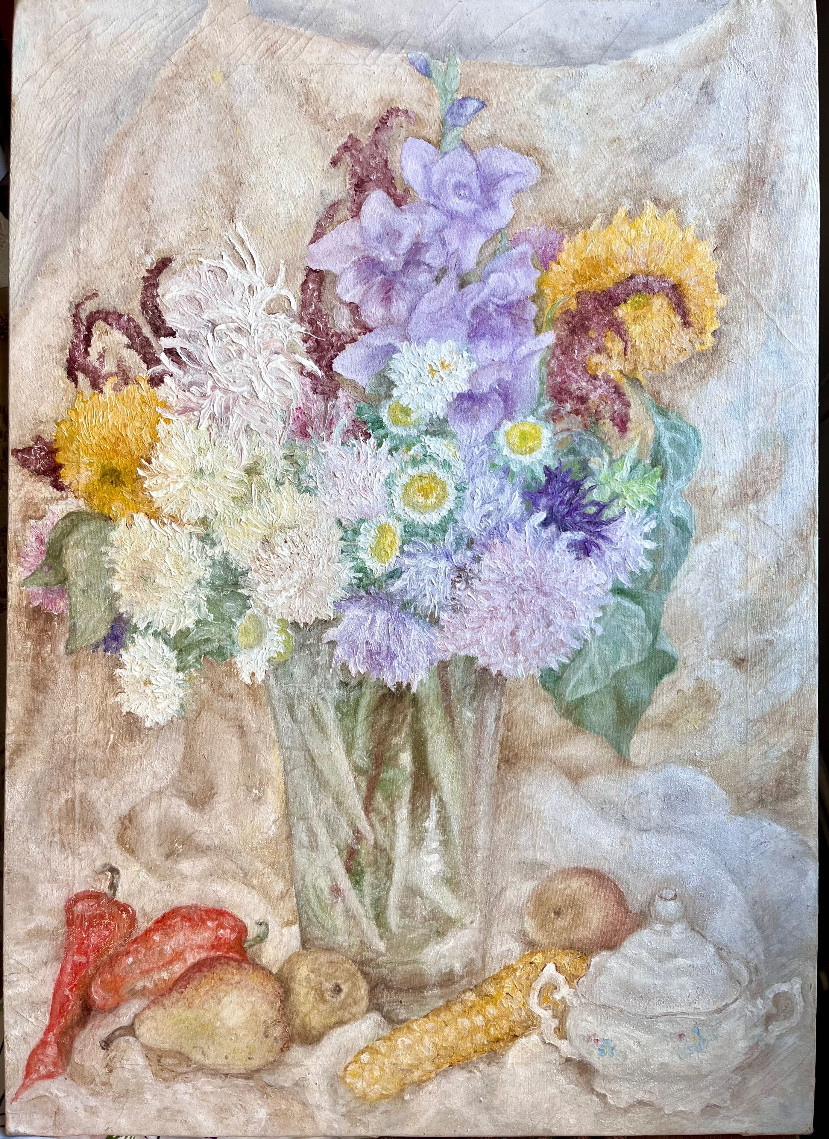 Stary obraz olejny pastelowe kwiaty martwa natura, duży.