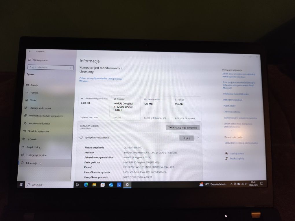 Lenovo ThinkPad T490 Intel core I5_8265 SSD_256Gb_8GbRAM