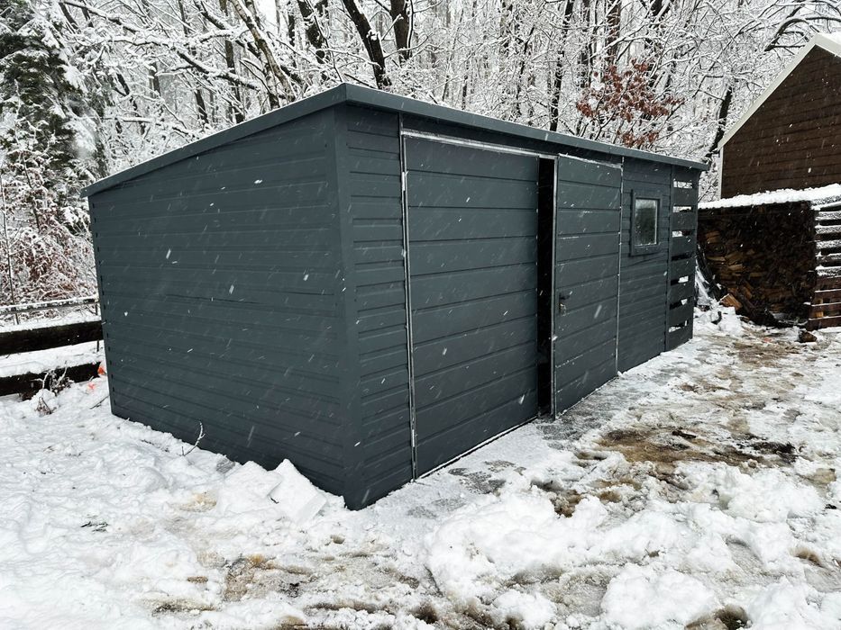 DOMEK OGRODOWY SCHOWEK Garaż 5X3 + Wiata Okno Drzwi Antracyt DG354