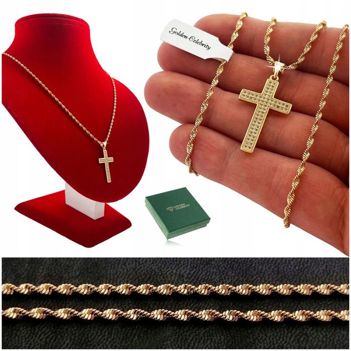 Złoty Łańcuszek Singapur + Krzyżyk Z Cyrkoniami Komunia Chrzest + Dedy