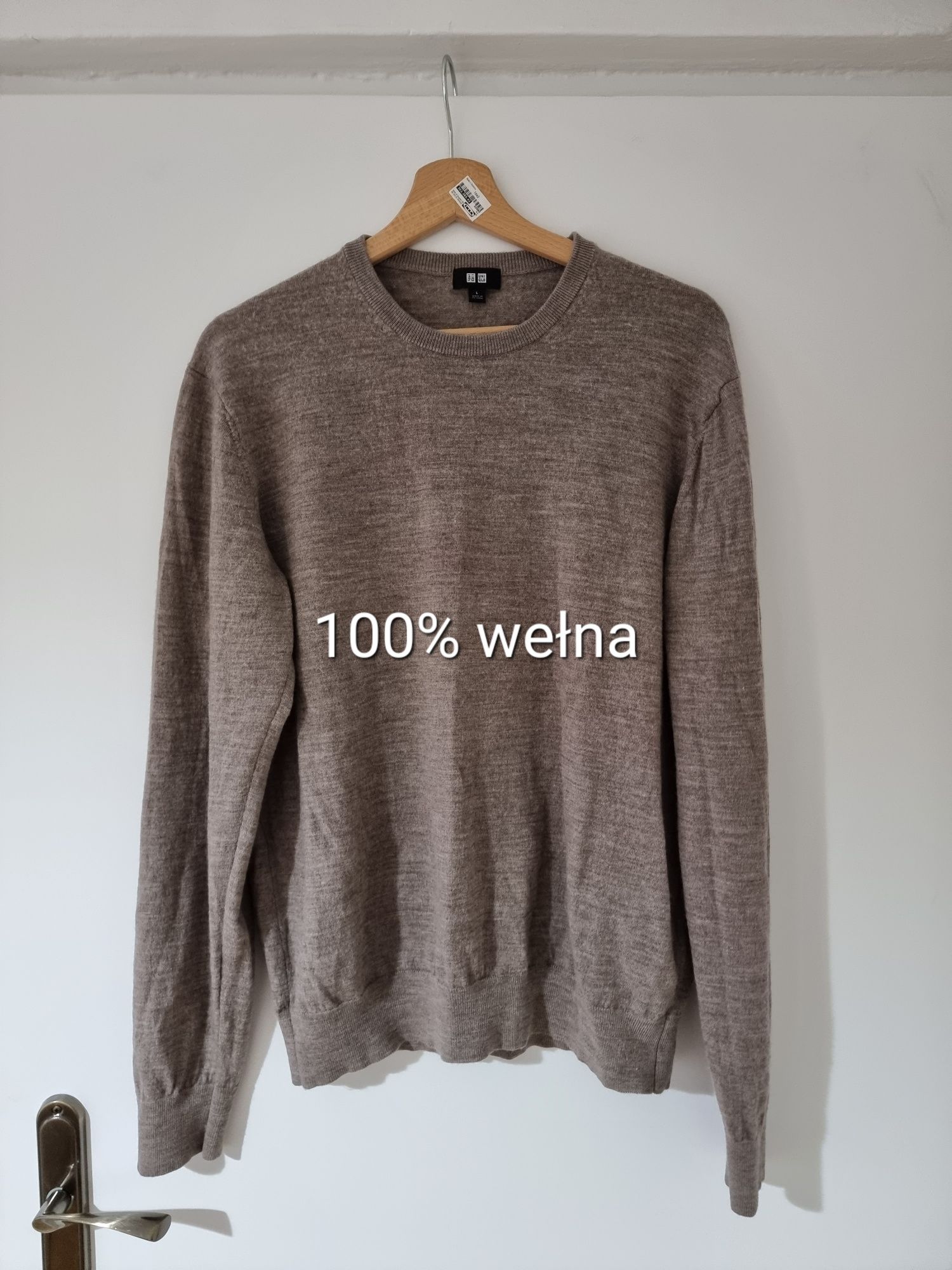 Szary beżowy sweter wełniany 100% wełna merino Uniqlo wool pure