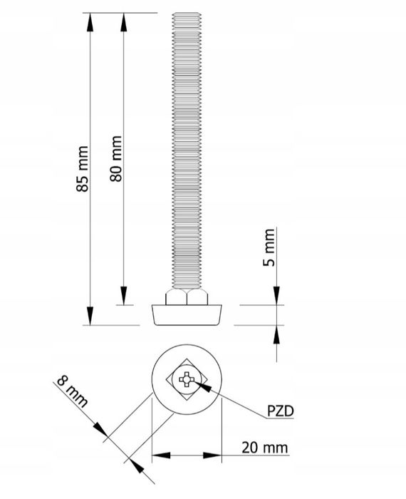 Regulator do mebli, stopka meblowa M8 x 80 mm, nóżka regulowana