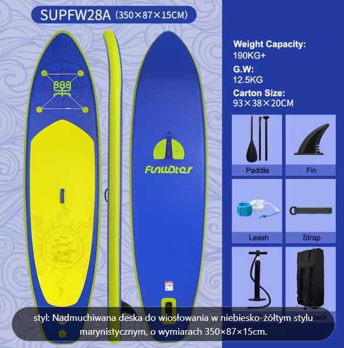 Deska SUP Extra Large 350x87x15cm - Wytrzymałość 190kg