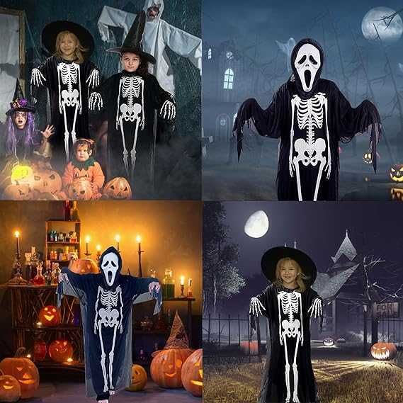 Kostium na Halloween Przebranie KOŚCIOTRUP SZKIELET Ponczo Tunik-110cm