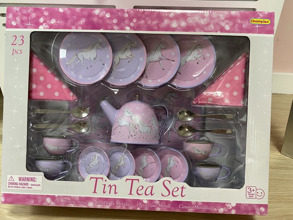 tin tea set champion duży zestaw do herbaty zabawkowy róż konie metal
