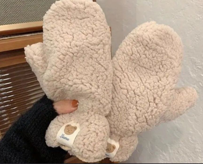 Nowy futerkowo-wełniane beżowe jednopalcowe rękawice Misie dla dorosły