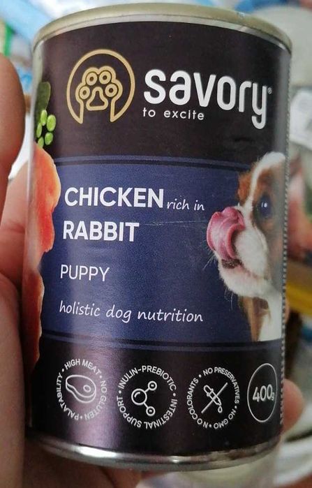Упаковка консерв для цуценят Savory кролик/курка 6шт*400 г/6шт*200г