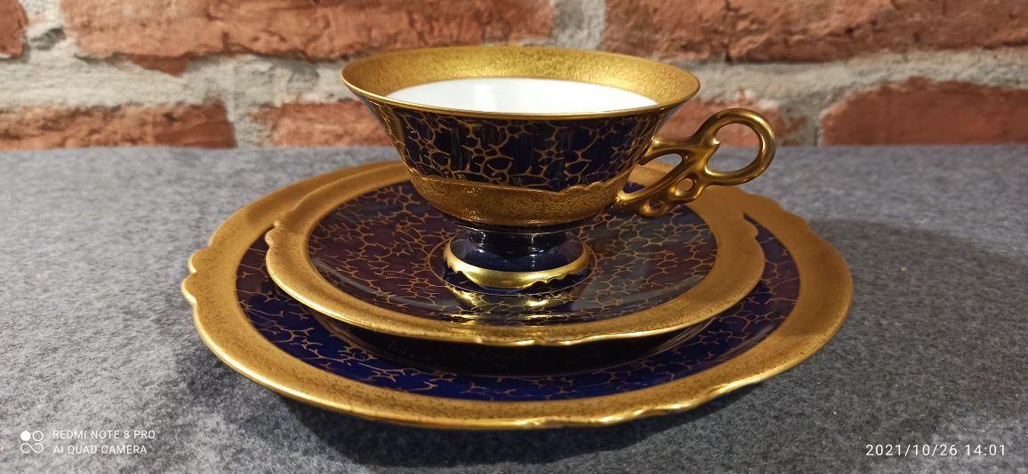 R..Porcelana  ILMENAU TRIO BRABANT Echt Kobalt 24K złocona