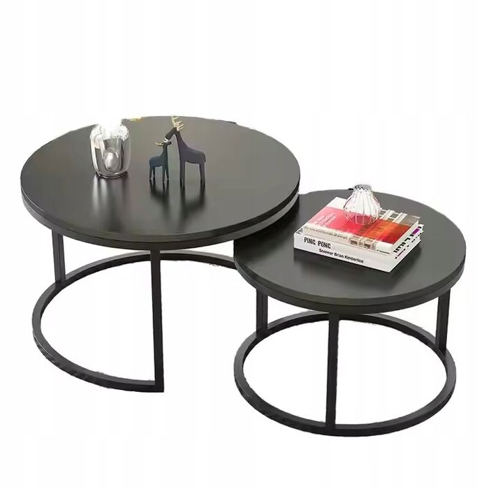 Zestaw 2 czarnych stolików kawowych | Kamienny blat | 80cm/60cm