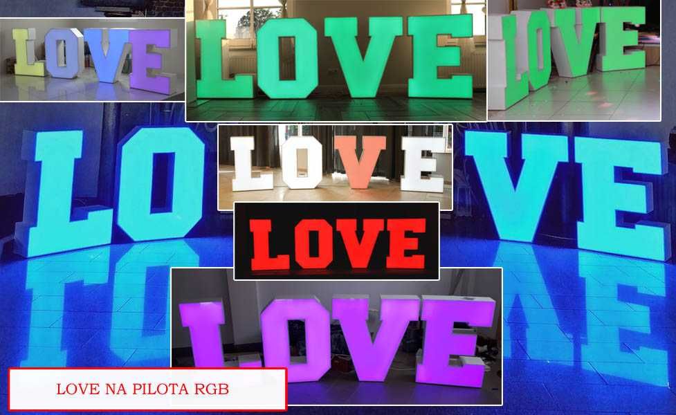 napis LOVE na pilota w kolorach RGB+W