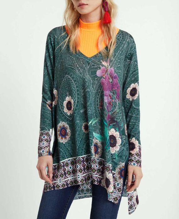 Desigual unikatowy sweter kwiaty aztecki print premium