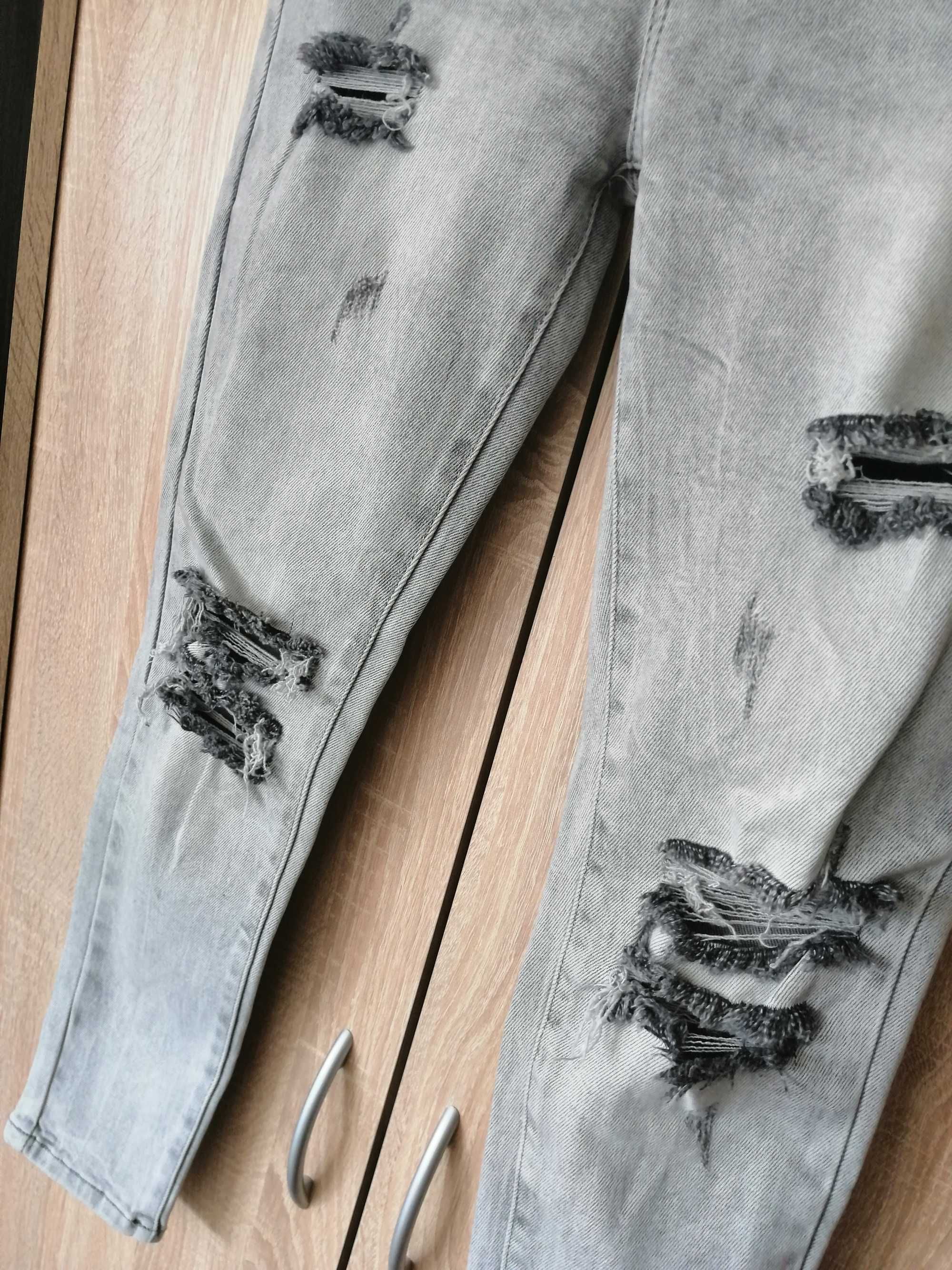 Spodnie jeansy SLIM szare przetarcia wysoki stan rurki M