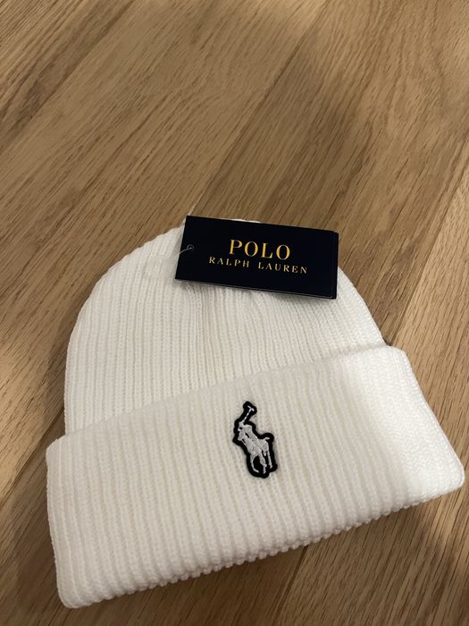 Biała czapka zimowa Ralph Lauren