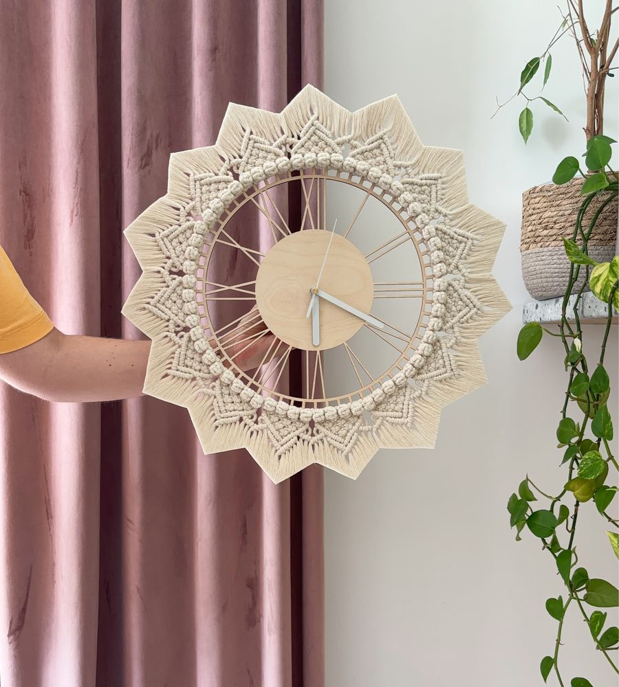 Zegar ścienny na ściane wiszący makrama boho sklejka drewno mandala