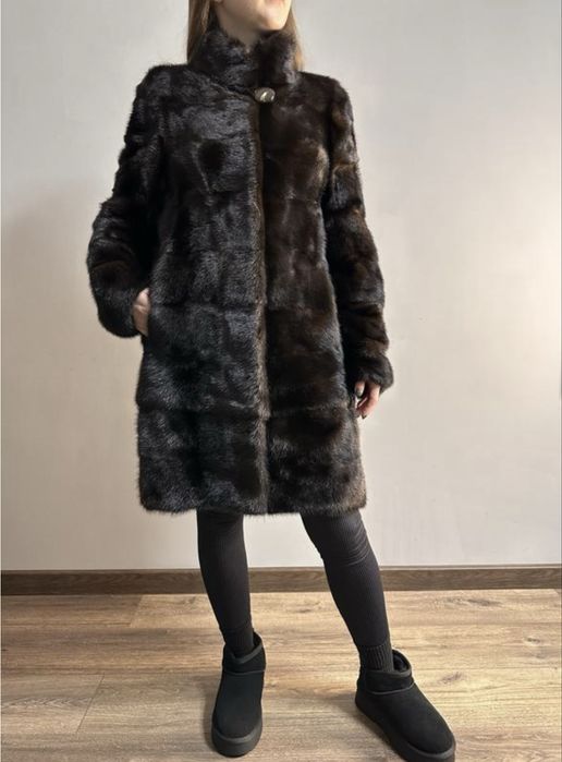 Шуба норкова трансформер коричнева до колін без капюшона