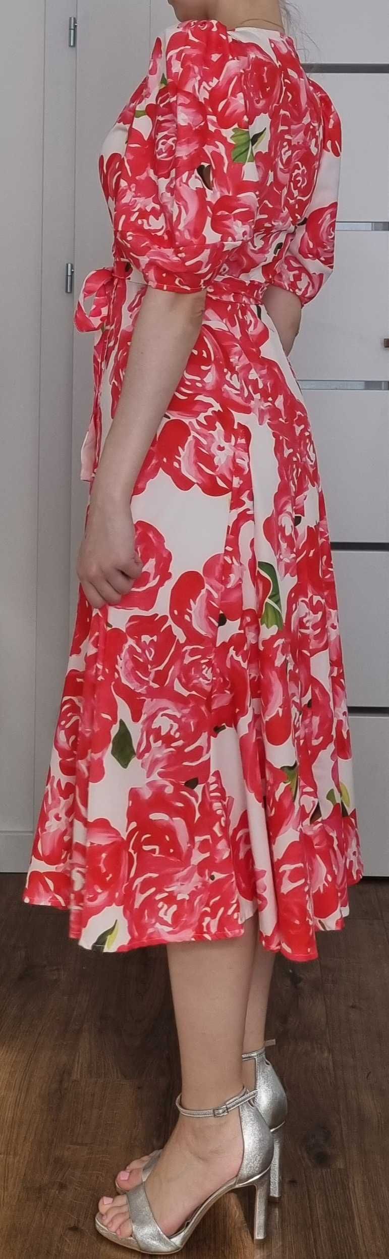 Letnia maxi midi sukienka w czerwone kwiaty biało-czerwona 36/S 38/M