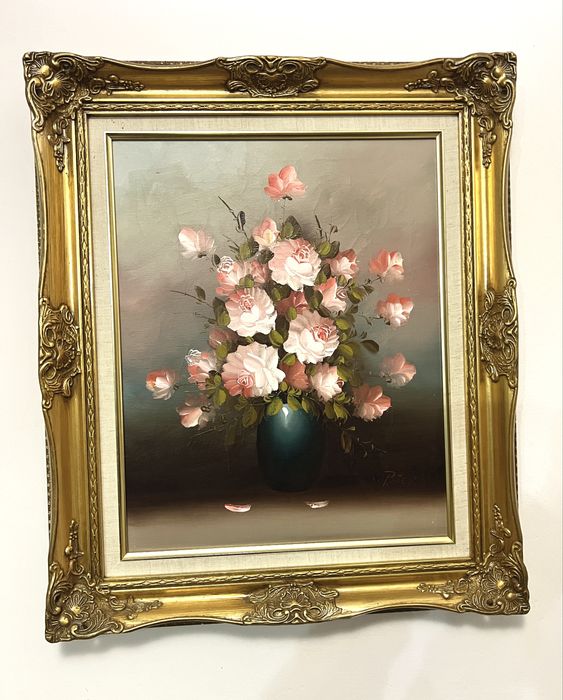 Stary obraz malowany na płótnie Kwiaty w Dzbanie