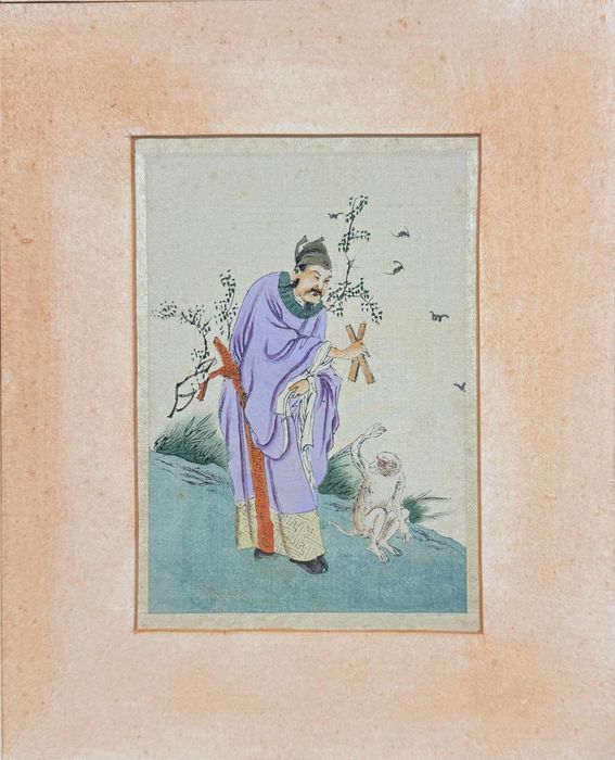 Figuras mitológicas chinesas pintadas em aguarela sobre  seda.