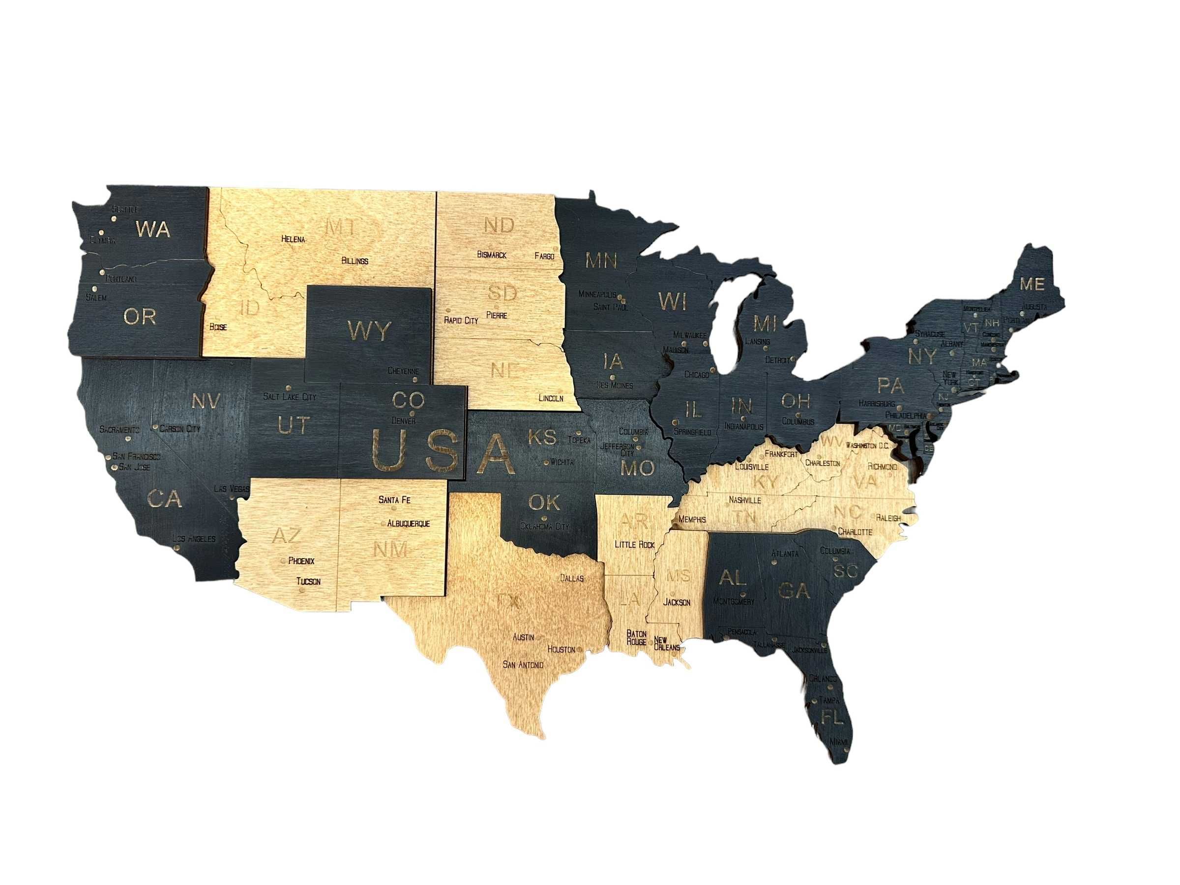 Mapa 3D drewniana USA -2kolory, 86cm Stany Zjednoczone, prezent U.S.A.