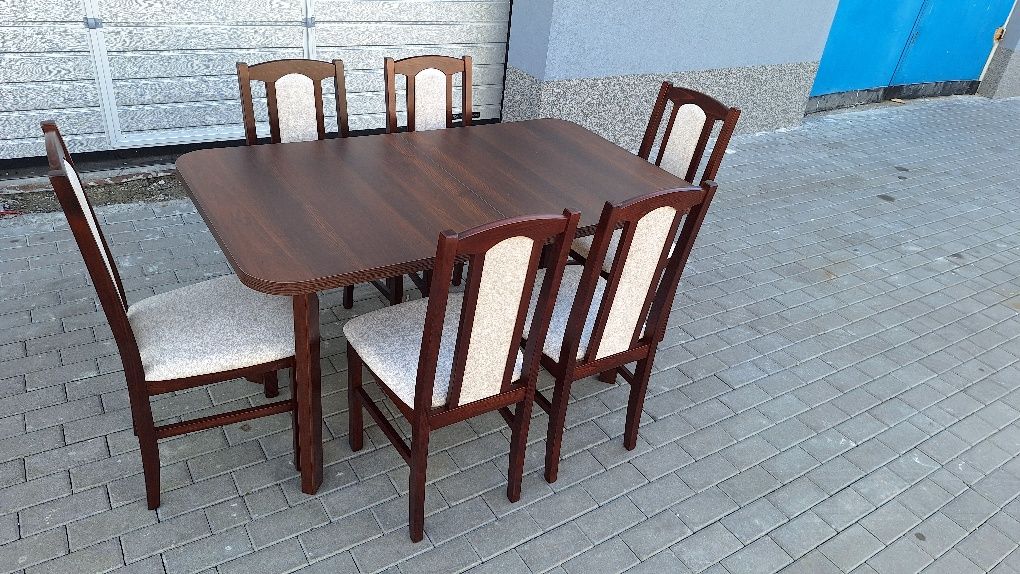 Nowe: Stół 80x140/180 + 6 krzeseł, orzech + kremowy, dostawa cała PL